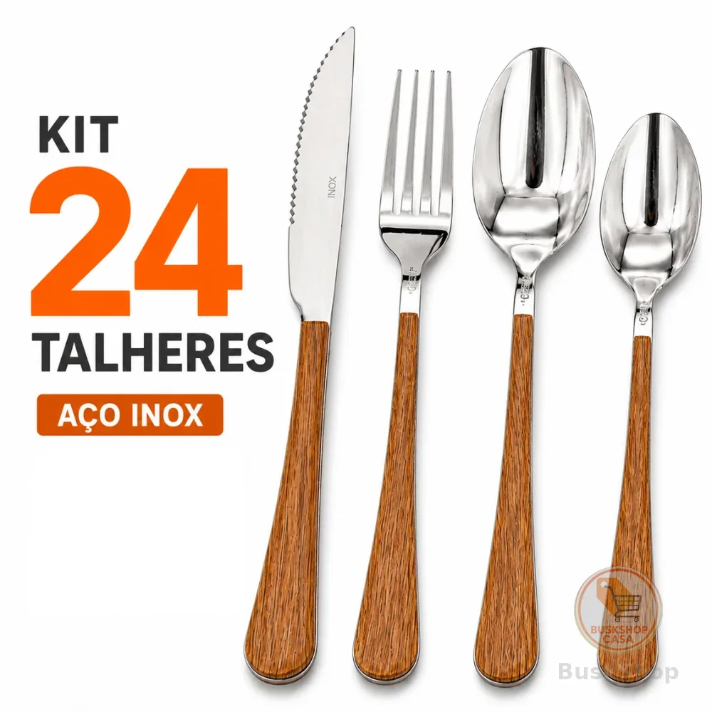24 Talheres Cabo Bambu Inox Resistente Jogo Talheres Cozinha
