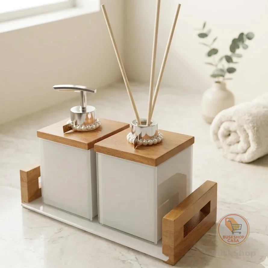 Kit Banheiro Lavabo Conjunto Bandeja Porta Sabonete Líquido Difusor Premium 200ml Vidro Madeira Maciça