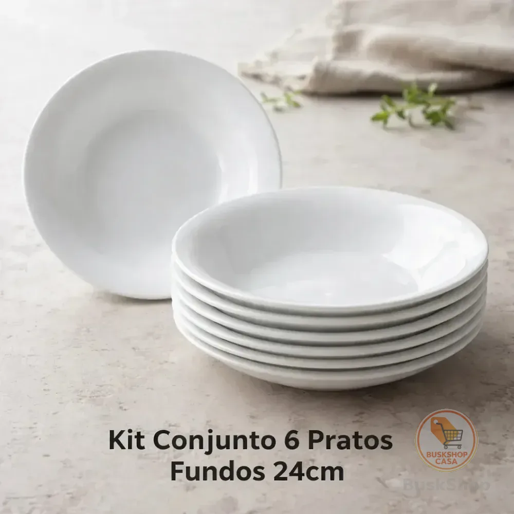 Conjunto Com 6 Pratos Fundo Branco 24cm Branco Lisa