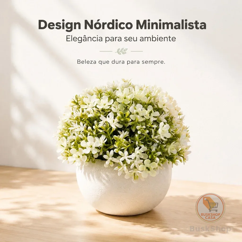 Mini Flor Artificial Branca Com Vaso Estilo Nórdico Minimalista