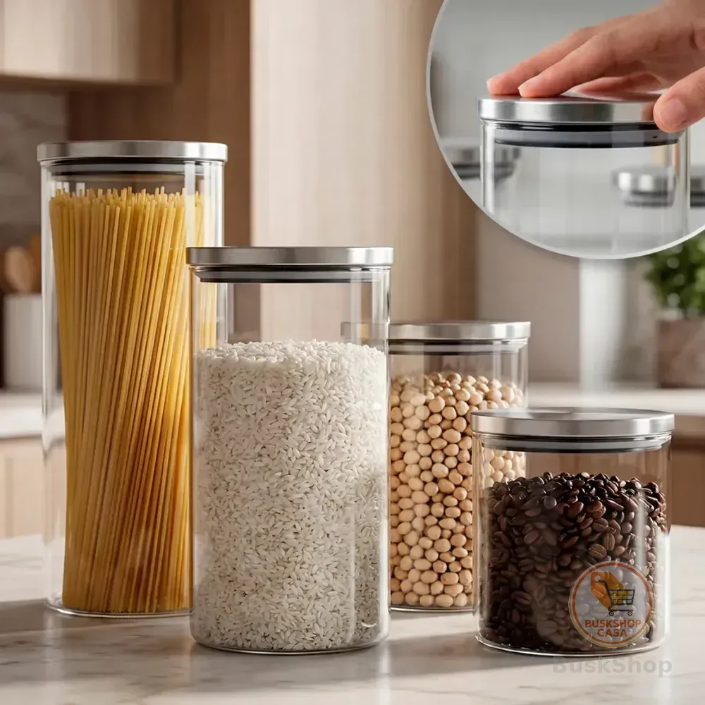 Porta Mantimentos 4 Potes Herméticos De Vidro Tampa Inox Alimentos Kit Cozinha Sólar Transparente