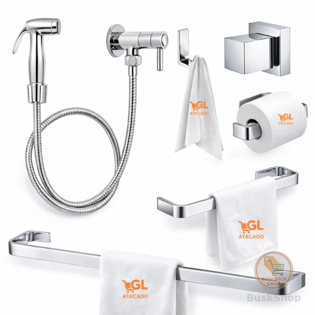 Kit Banheiro Completo Cromado Luxo 4 Peças + Ducha Higiênica Alta Pressão Chuveirinho + Acabamento De Registro Luxo
