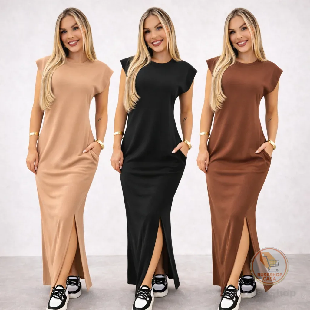 Vestido longo casual basico feminino ribana canelada manga muscle moda gringa preto marrom plus size