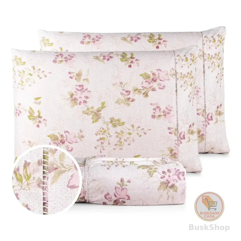 Jogo Lençol Casal 3pç 400 Fios Hipercal Conforto Macio Floral Rose Estampado
