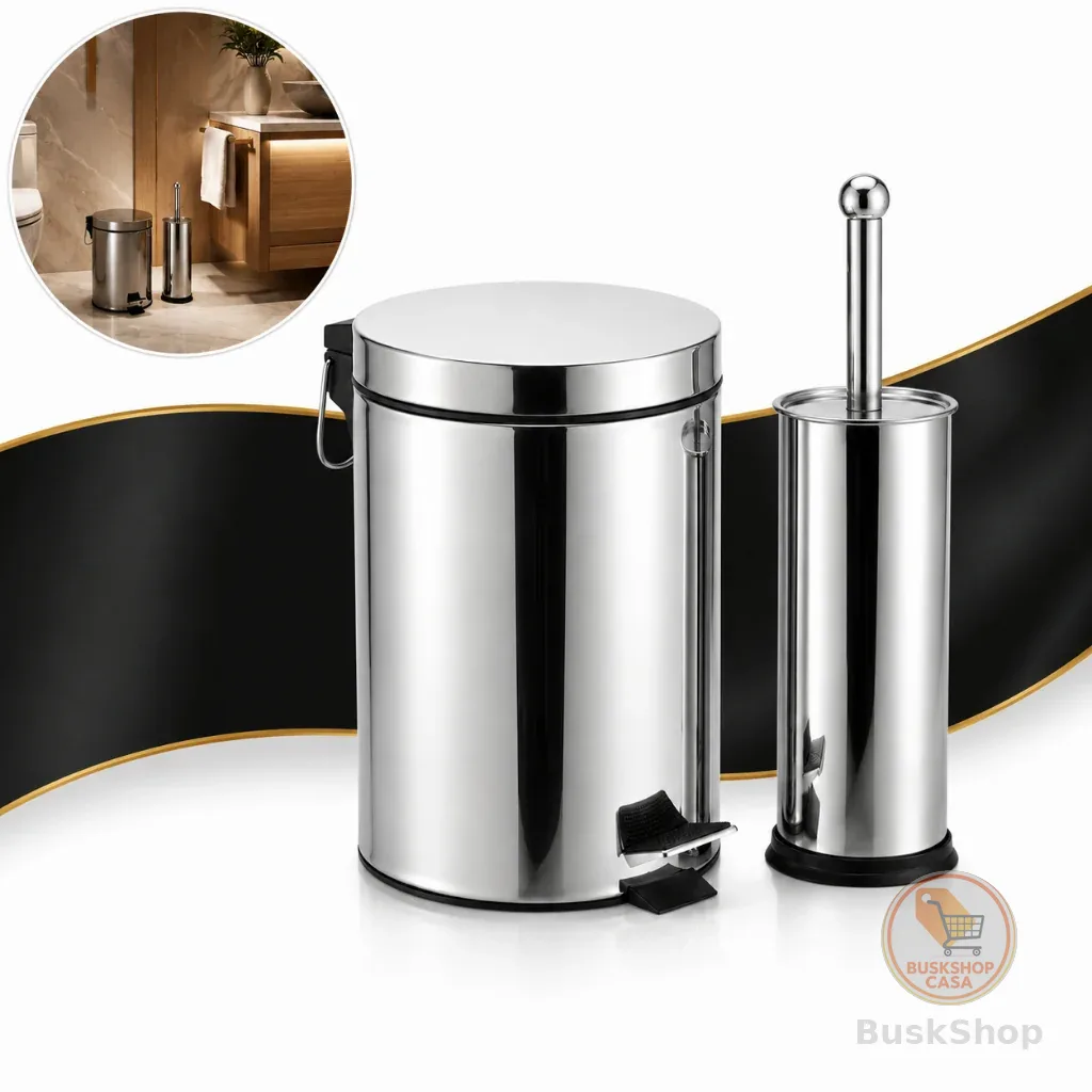 Kit Lixeira Inox 5 Litros Pedal + Escova Sanitária Banheiro Limpeza Moderno Sofisticado Grande 5l