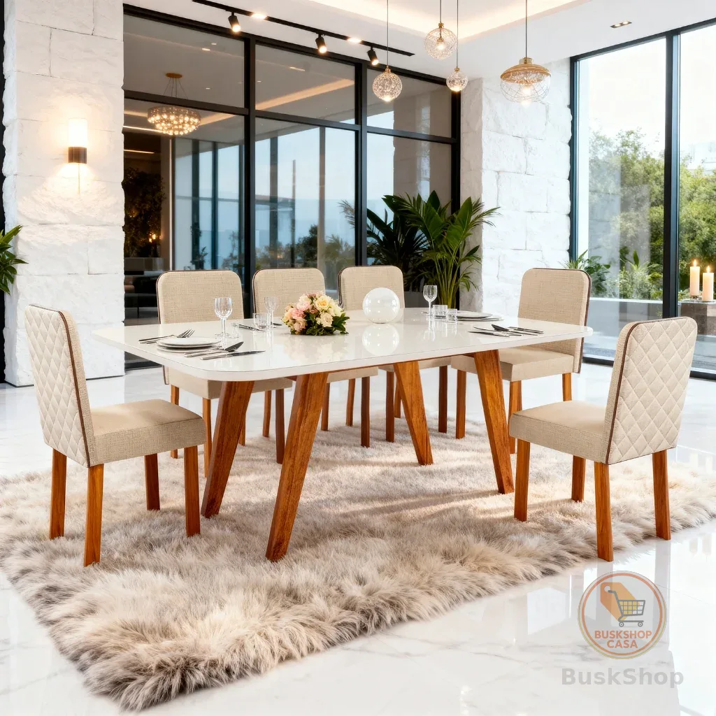 Sala de Jantar 180x90 Mavie MDF/Vidro 6 Cad Ayla Bom Pastor