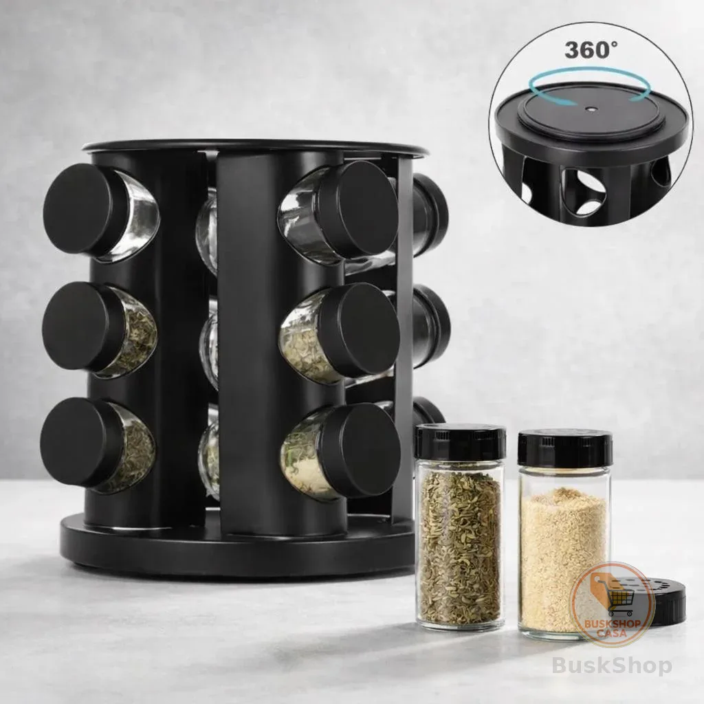 Porta Tempero Giratorio Preto Com 6/9 Potes Vidro Reforçado Premium