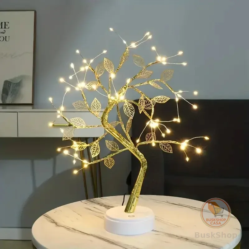 Luminária Árvore de LED Com Folha Dourada 72 Lâmpadas – USB/Pilha, Toque, Decoração Quarto e Festa