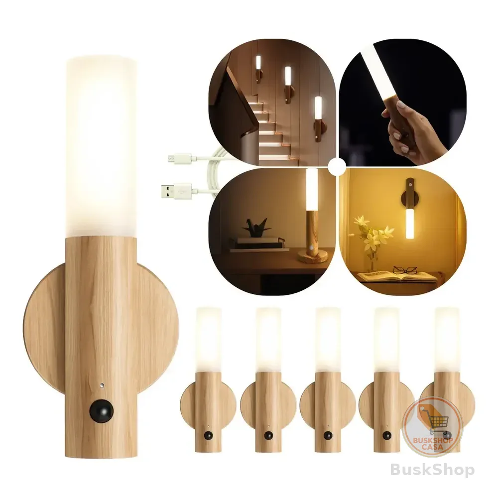 Kit 6 Arandela Luz Portátil Sensor De Movimento Led Moderno Estrutura Madeira Clara 127/220v