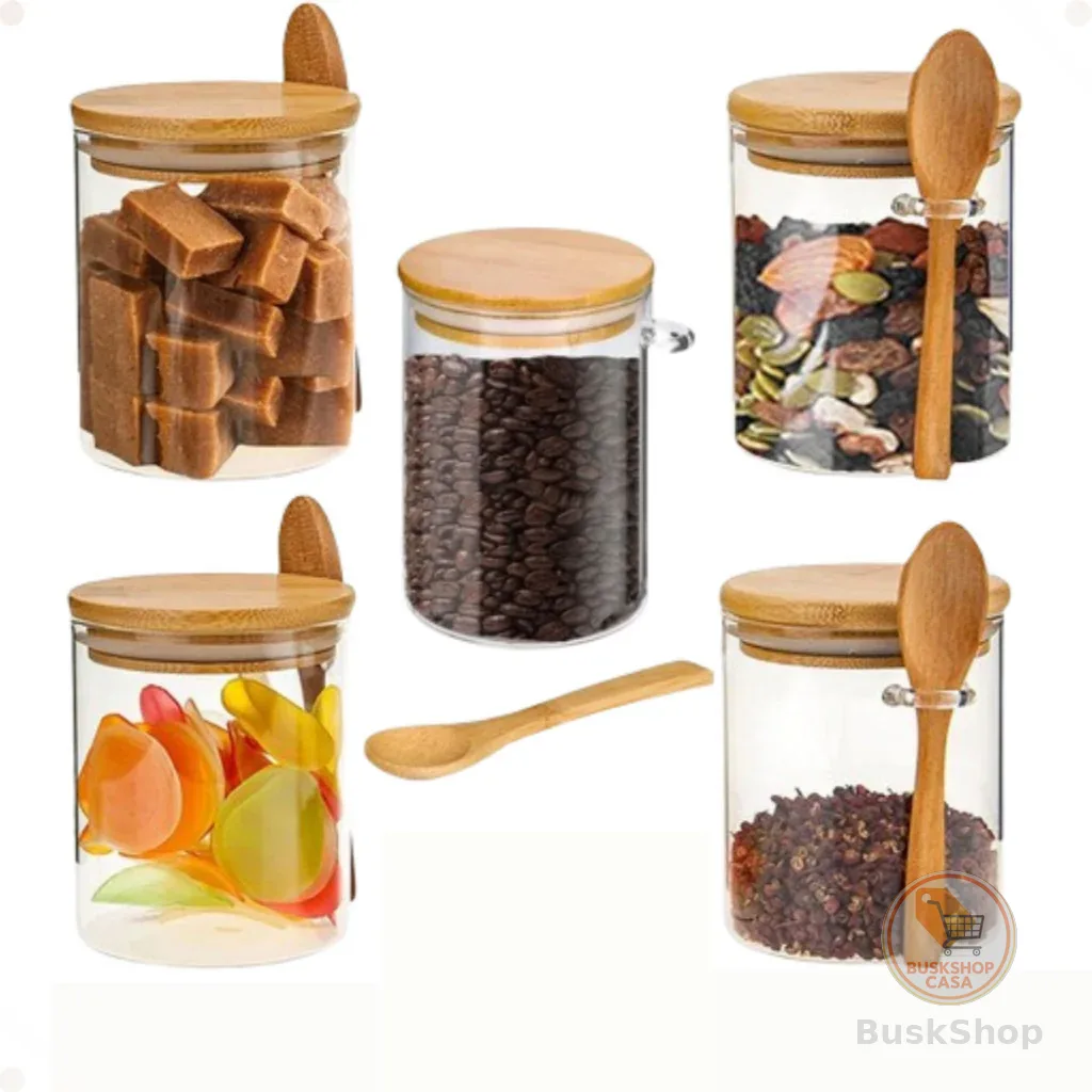 Kit 6 Potes Vidro 250ml Tampa Hermética De Bambu +6 Colher