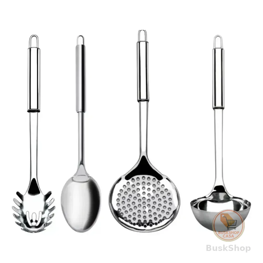 Kit 4 Utensílios Inox Cozinha Colher Concha Escumadeira Prateado