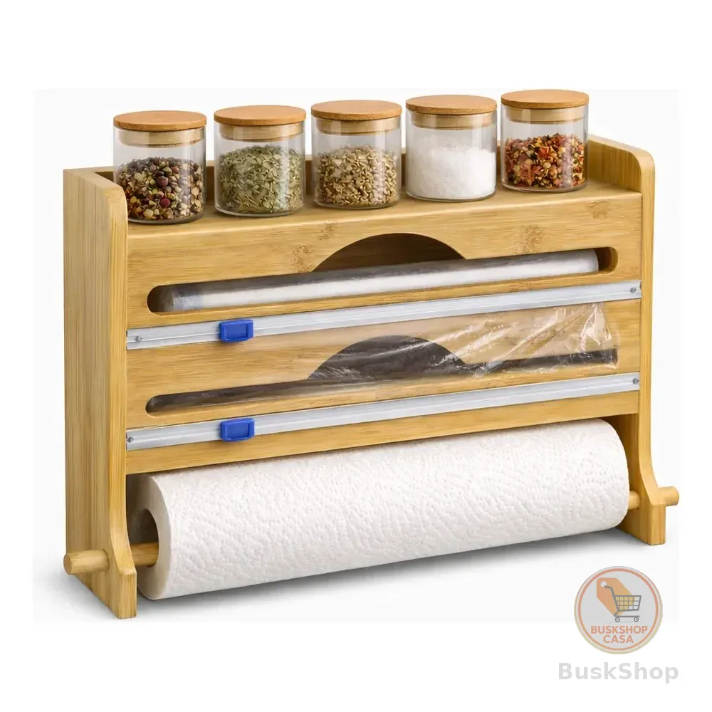 Organizador Cozinha 4 Em 1 Porta Papel Toalha Alumínio Pvc Bambu