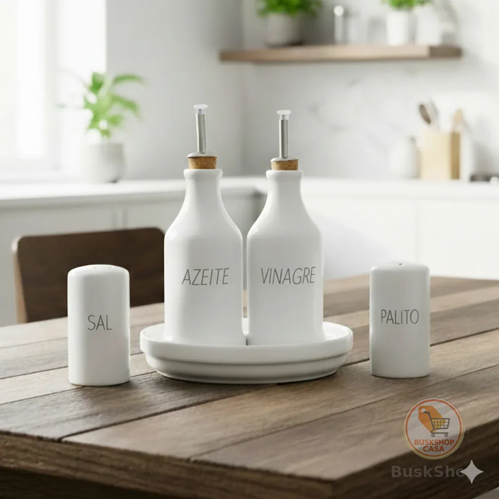 Conjunto Galheteiro Porcelana Bandeja Redonda Azeite e Vinagre