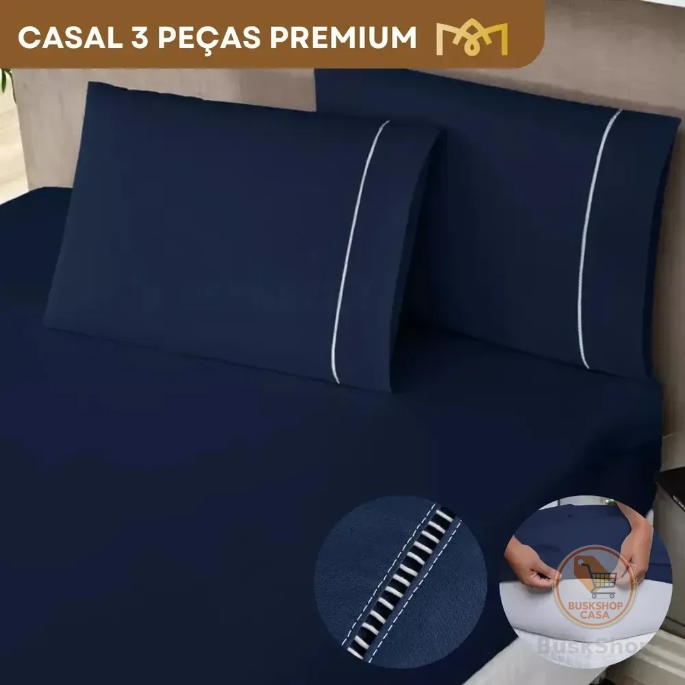 Jogo De Cama Casal Padrão 3 Peças 400 Fios Ponto Palito Macio C/ Elástico Toque Suave Hotel Premium Cor Azul Marinho Liso