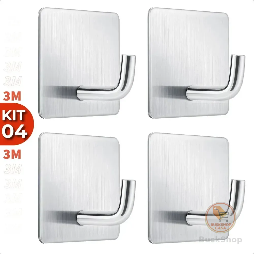 Kit 4 Ganchos Adesivos 3m Aço Inox Suporte Multiuso Para Pendurar Toalhas Roupas Chaves Banheiro Cozinha Cor Prata Marca Homeroarte Prateado