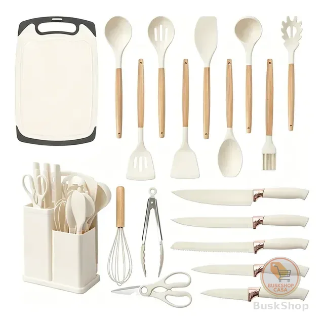 Kit Utensílios Cozinha 19 Peças Silicone Facas Tábua 4 Cores