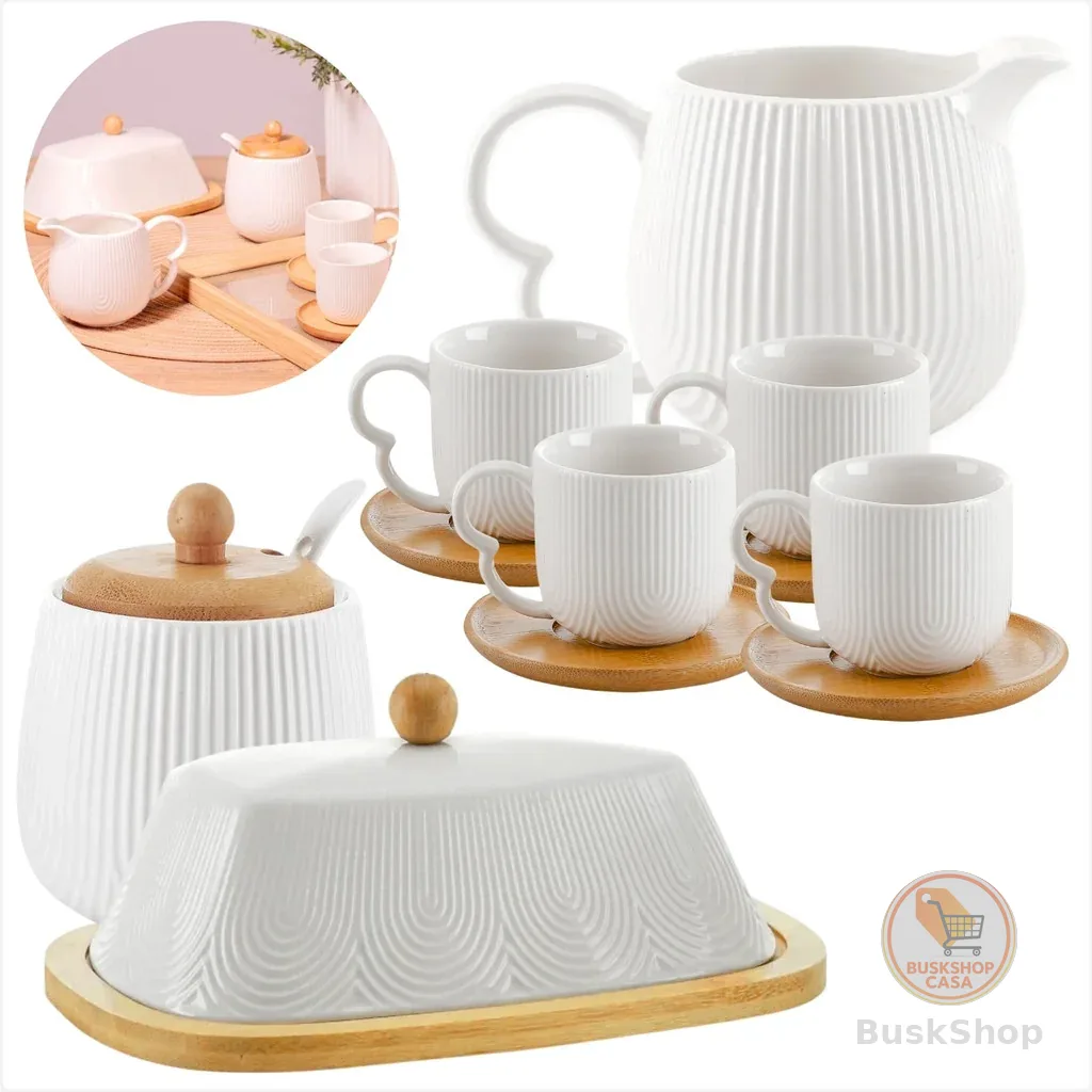 Kit Oasis de Ceramica com Xicara 90ml Jogo com Manteigueira,Açucareiro e Cremeira em Bambu Cantinho Café,Chá da Tarde