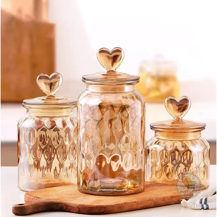 Kits Pote Vidro Âmbar Hermético Decoração Baleiro Afeto Coração Armazenamento
