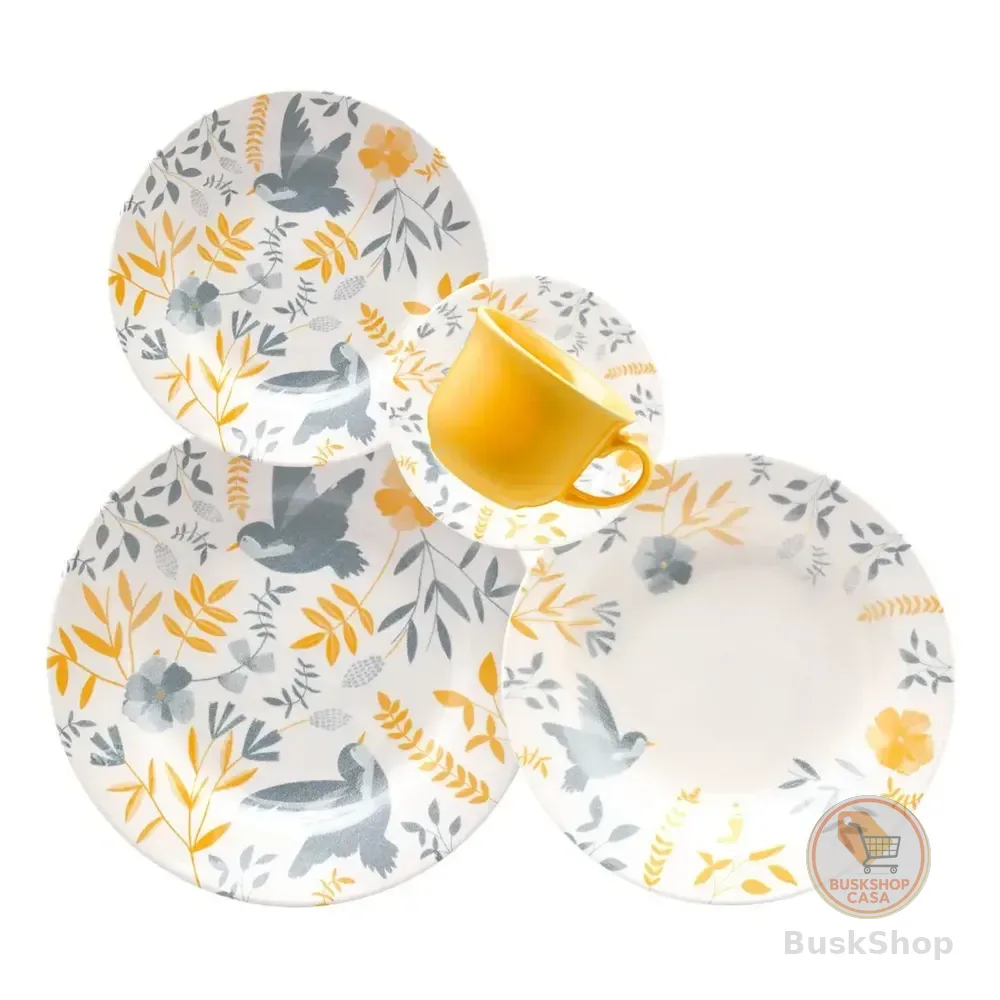 Jogo De Jantar Biona 30 Peças Cerâmica Amarelo Donna Bem-te-vi Amarelo / Azul / Off White Florido