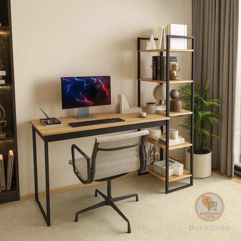 Escrivaninha Mesa Escritório Home Office Lâmina com Preto com 5 Prateleiras Estante Integrada Industrial Mod: Atenas Sho