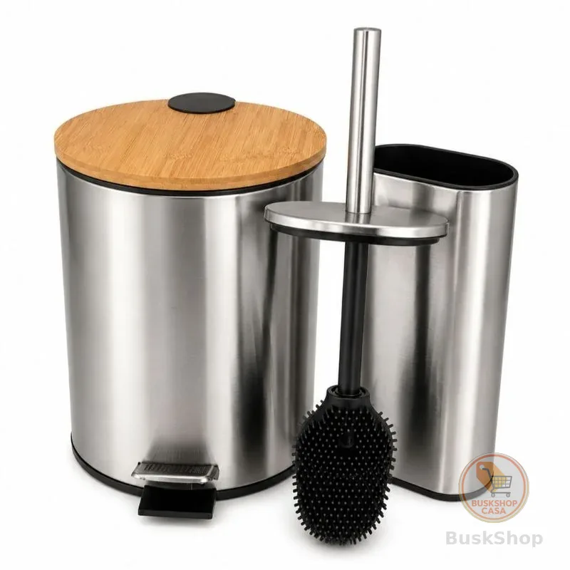 Kit Banheiro Lixeira Inox 3L ou 5L Soft Close Amortecedor Com Cesto Escova Sanitária Lavabo