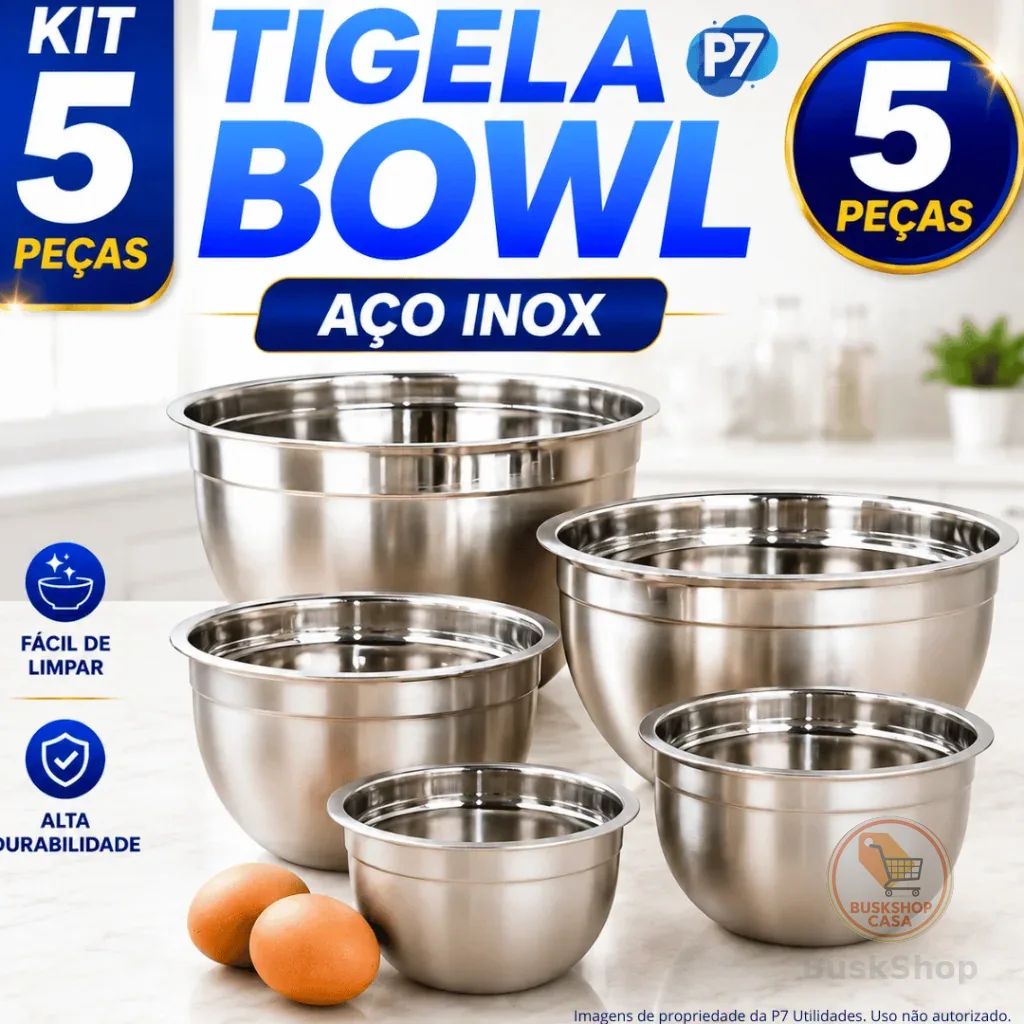 Jogo de Bowl Inox 5 Peças Tigela Inox Empilhável 14cm 16cm 20cm 22cm 24cm Gamela Bacia Cozinha