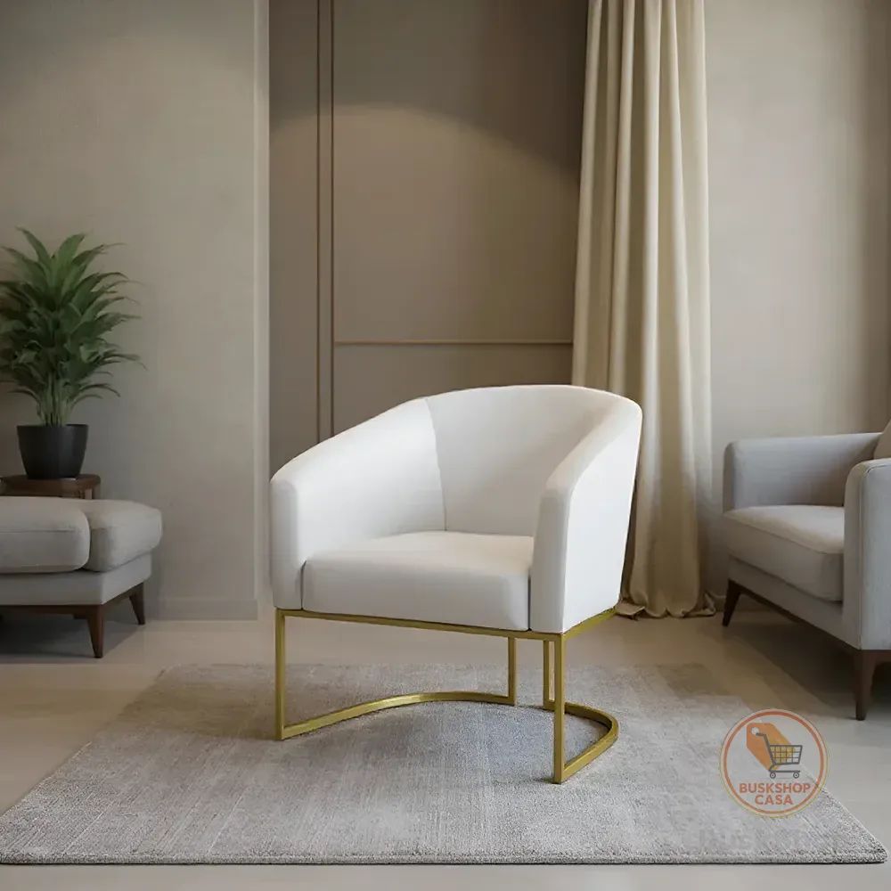 Poltrona Decorativa Sala Base Dourada Industrial Stella Pu Branco Drossi Liso