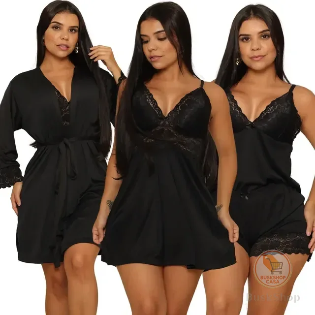 Kit  Robe Roupão + Camisola De Renda + Baby Doll De Luxo