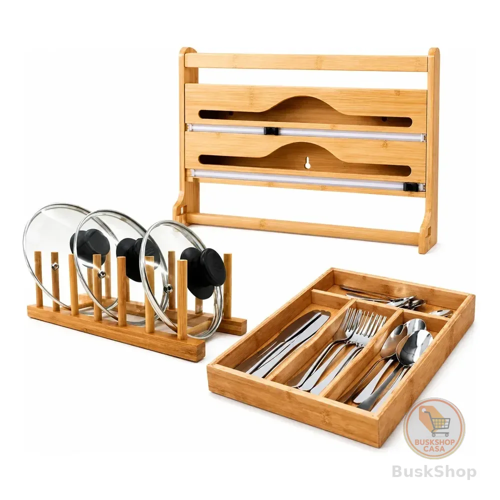 Conjunto Organiza Cozinha Suporte Bambu Porta Copo E Talher Bambu