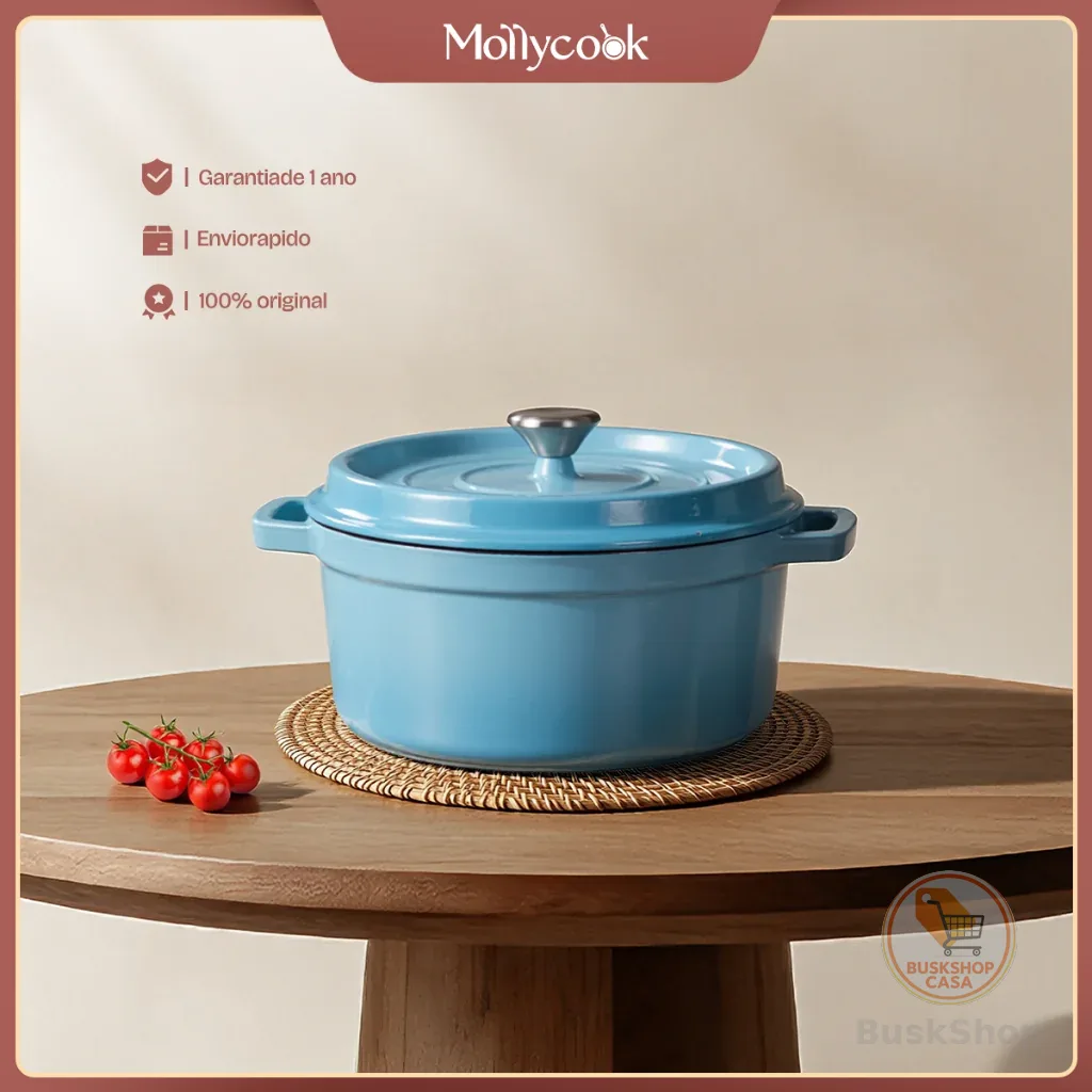 Mollycook Panela Caçarola De Ferro Fundido Esmaltado 22/24cm Premium Fogão Indução Panela Esmaltado de Ferro Com Tampa