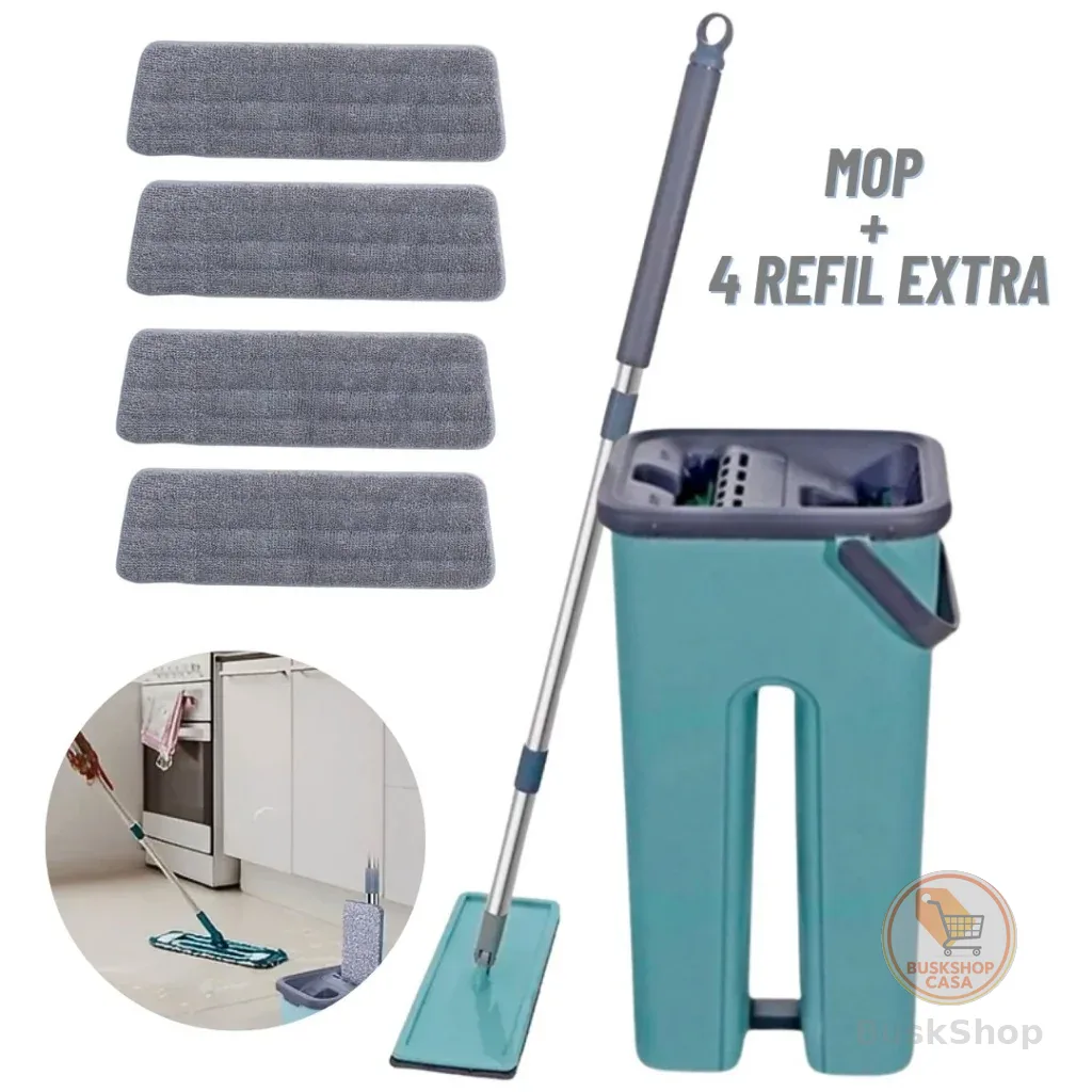 Mop Flat Esfregão Com Balde Rodo Mágico Lava Seca Tira Pó + 4 Refil