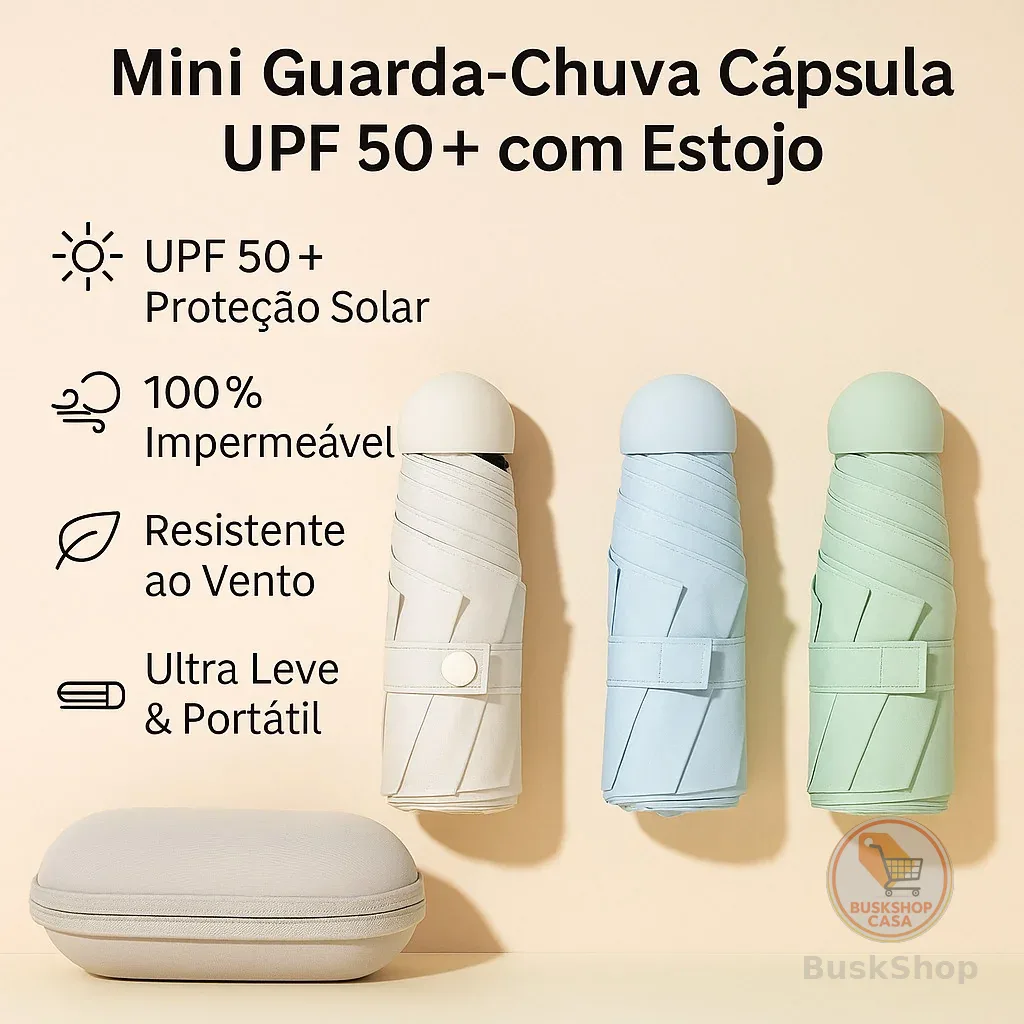 Mini Guarda-Chuva Portátil Dobravel UPF50+ Cápsula Ultra Leve com Estojo – Proteção UV