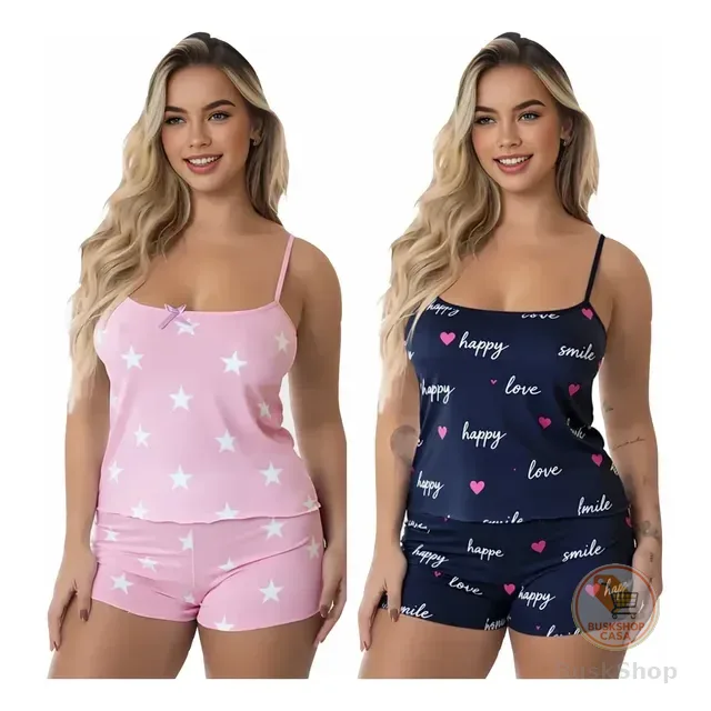 Kit 4 Peças Pijama Feminino Baby Doll 2 Shorts + 2 Blusas