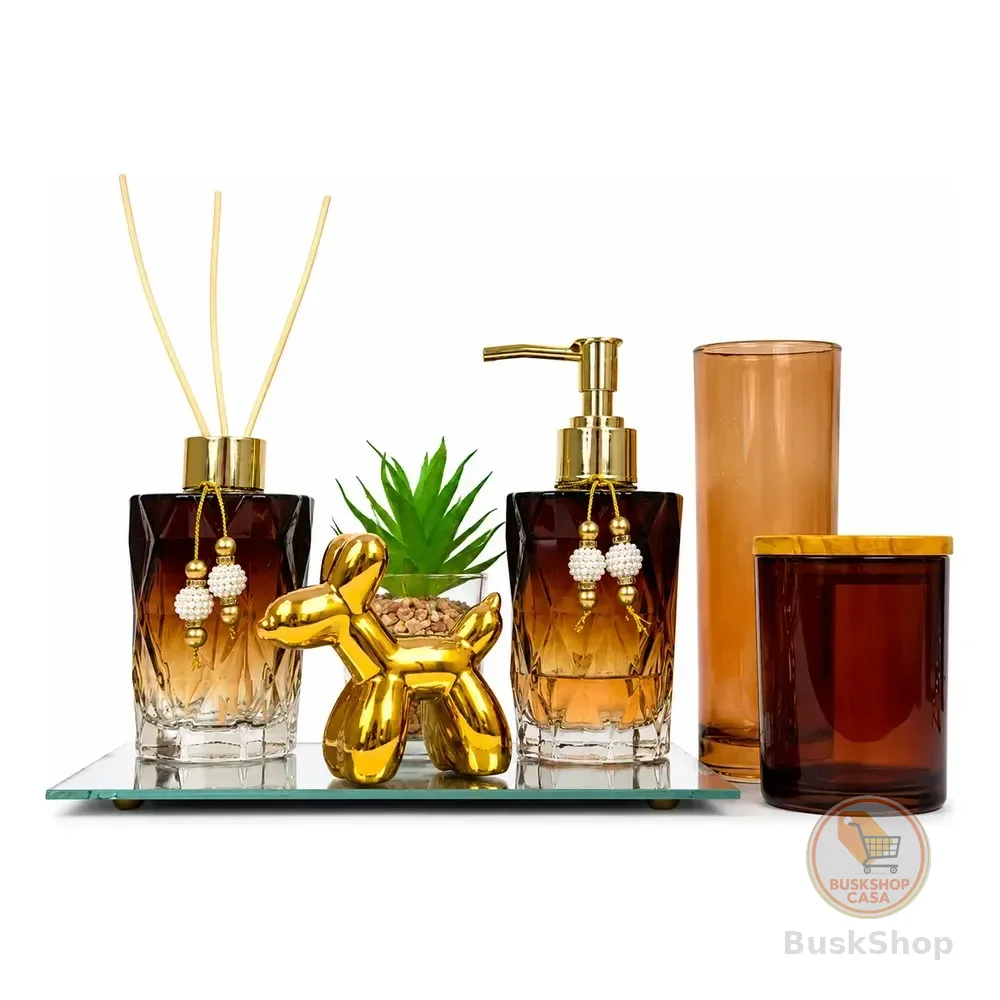 Kit Lavabo Diamantado De Vidro C/ Difusor Porta Escova Kit Lavabo D. Âmbar 10 Peças