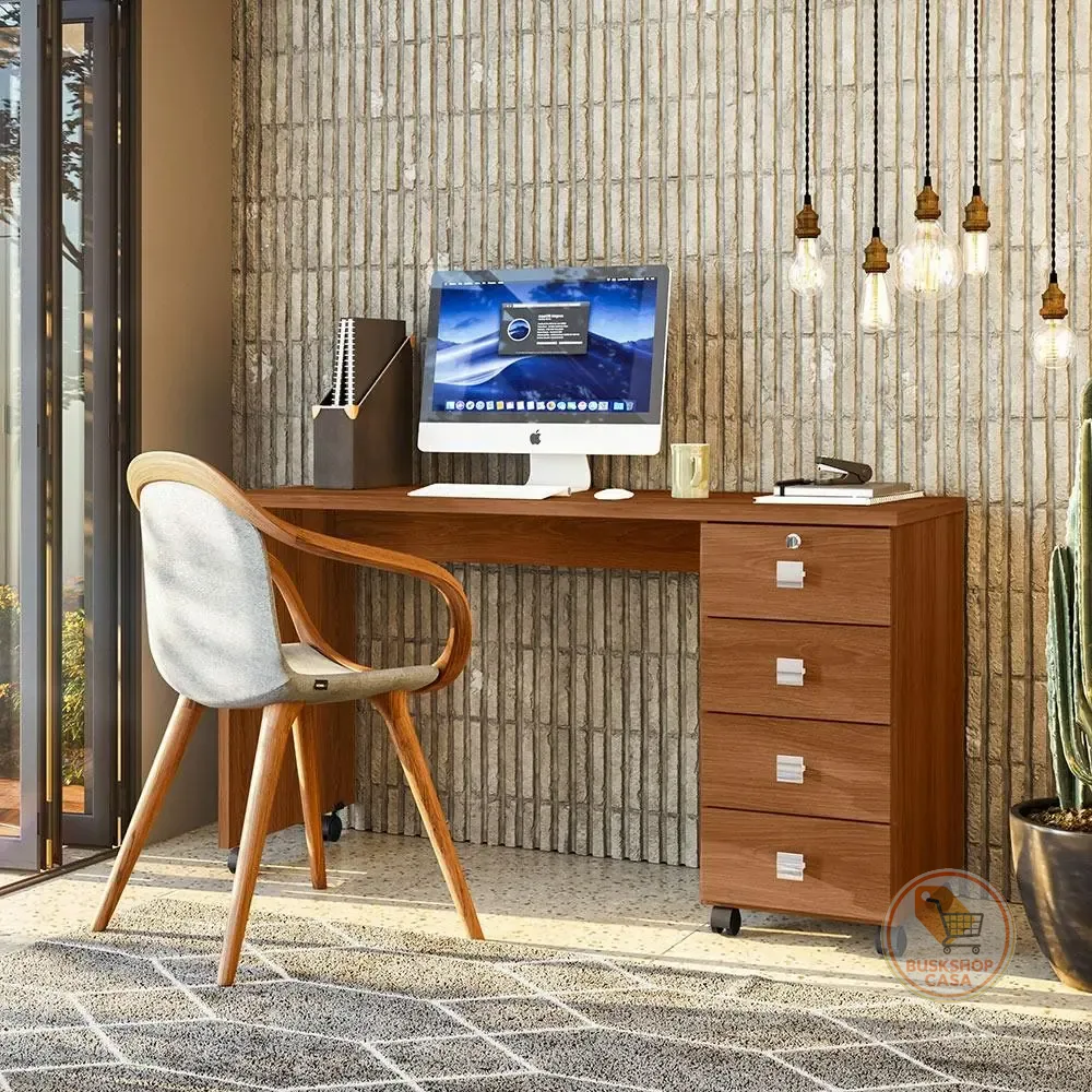 Escrivaninha Manicure Mesa Computador Office Dubai - 4 Gavetas com Chave Rodízios - Lukaliam Móveis