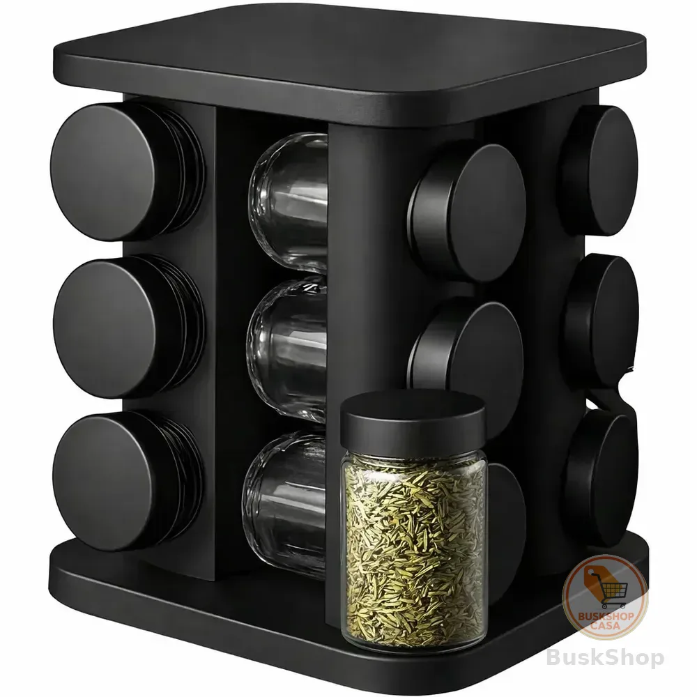 Porta Temperos Giratório 360° 12 Potes Vidro 85ml Tampa Inox Organizador Condimentos Cozinha Suporte Temperos Bancada Mesa Porta Condimento Premium Preto