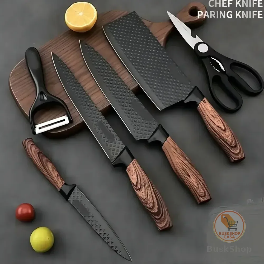 Kit Jogo De Facas Inox Corte Afiado Antiaderente Presente Cor Marrom-escuro