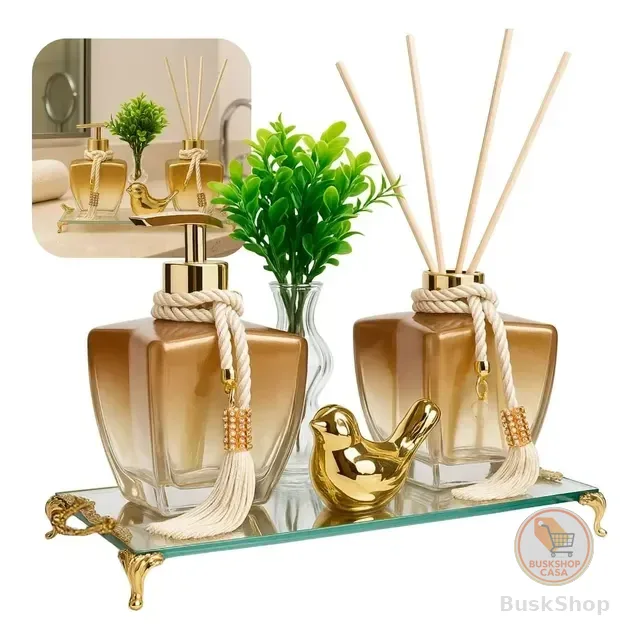Kit Banheiro Lavabo Vidros Luxo C/ Bandeja Espelhada Decor