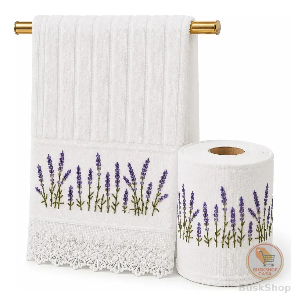 Kit Lavabo Dohler Lavanda Bordada Toalha + Porta Papel Branco Lavanda Provence + Capa