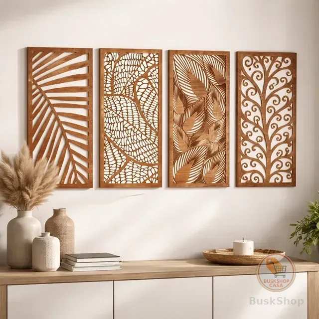 Conjunto 4 Quadro Grande Folhas Decorativo Escultura Parede