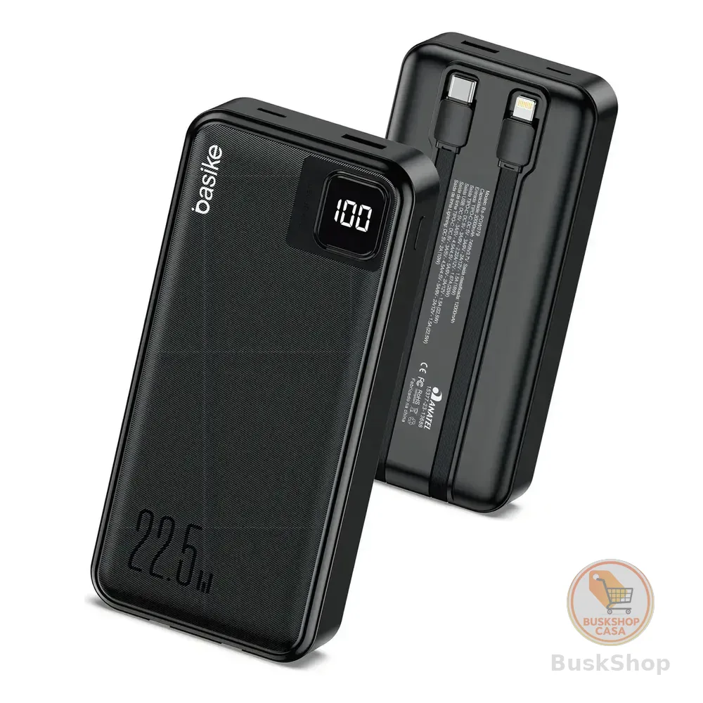 Power Bank Basike 20000mah Preto, Carga Rápida 22.5w Para iPhone E Samsung, Com Cabos Embutidos E Display