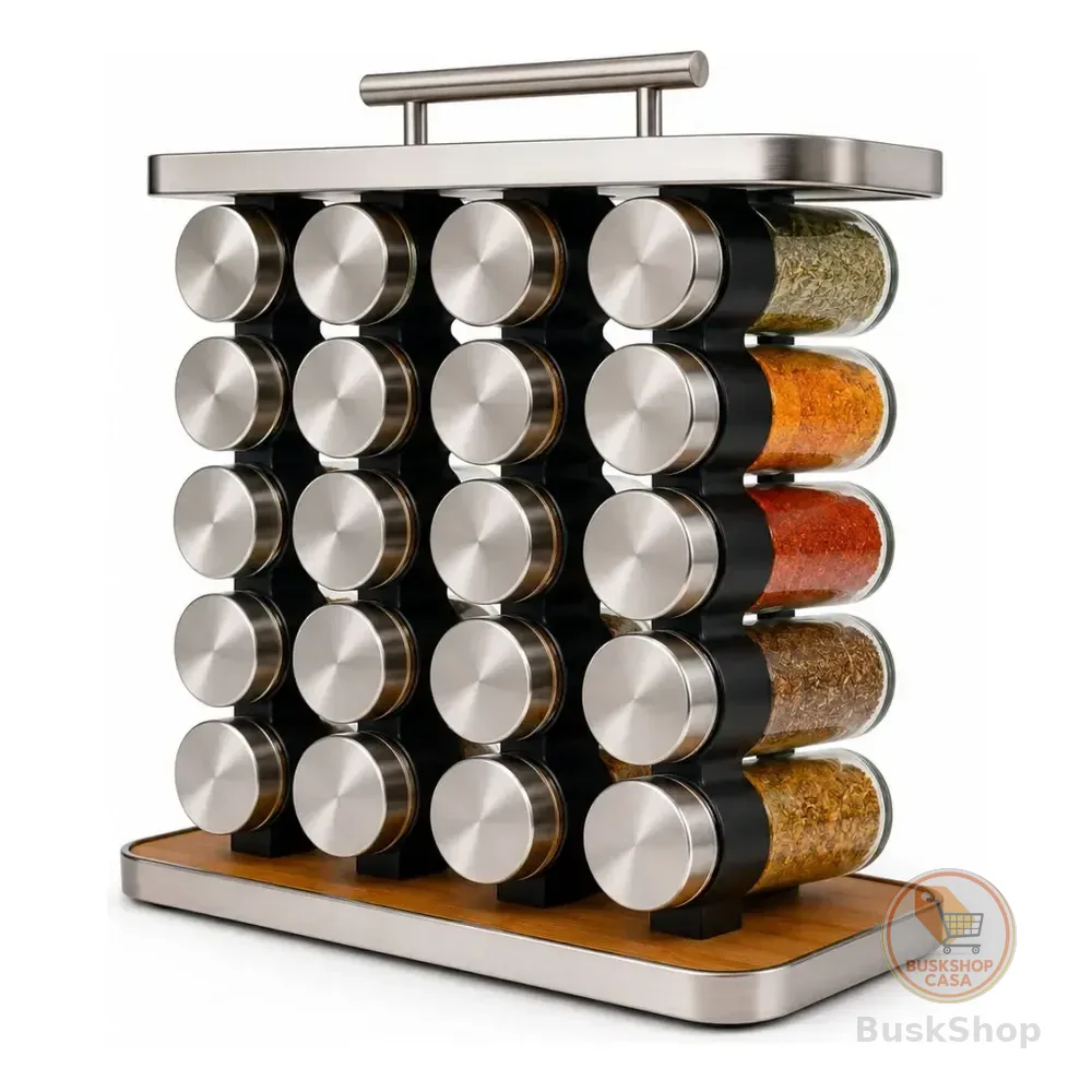 Porta Tempero 20 Potes Gourmet Com Alça Inox E Madeira Inox E Madeira