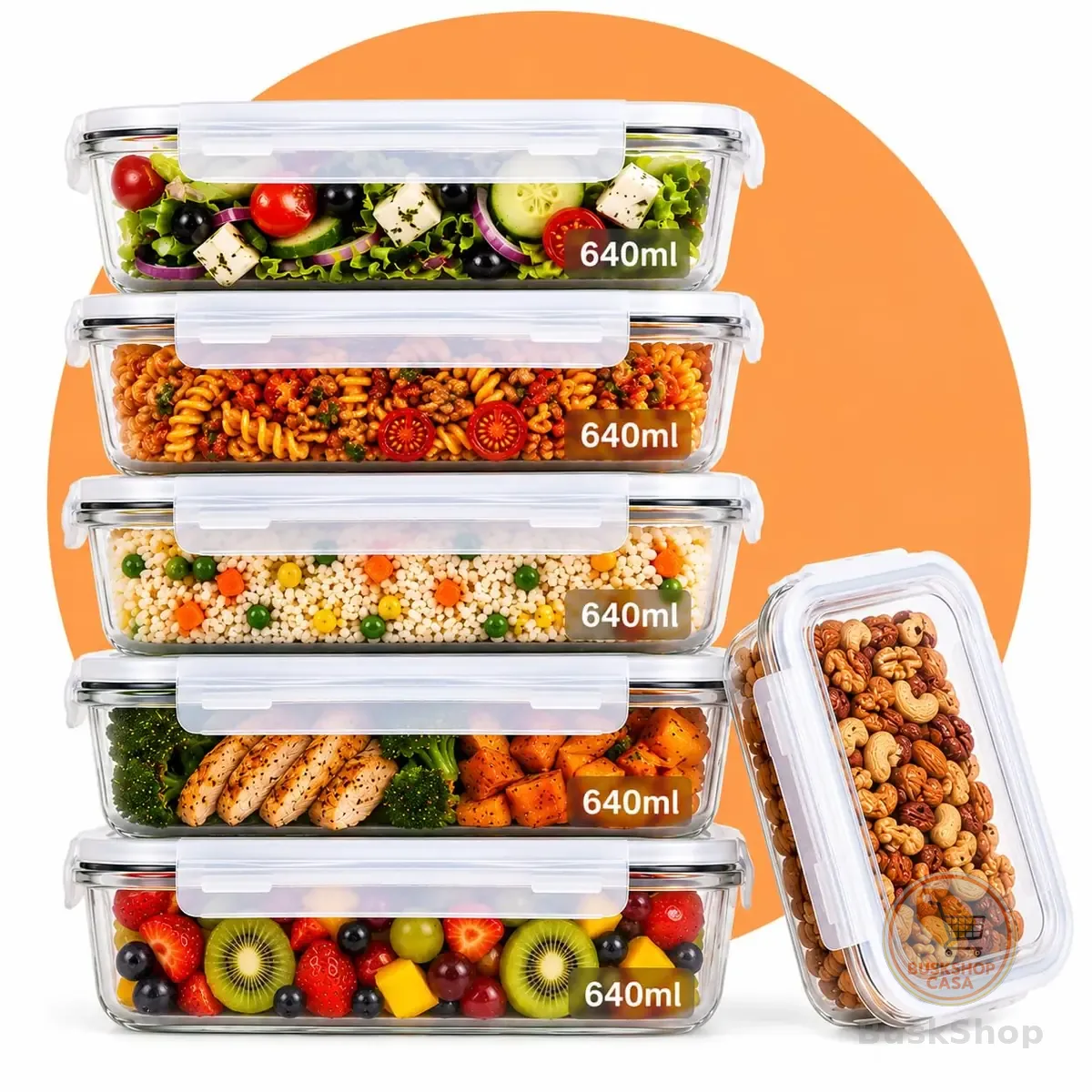 Kit 6 Potes de Vidro Hermético 640ml Borossilicato com Tampa 4 Travas – Recipiente Retangular para Marmita, Micro-ondas, Forno e Freezer – Armazenamento de Alimentos – Sem BPA