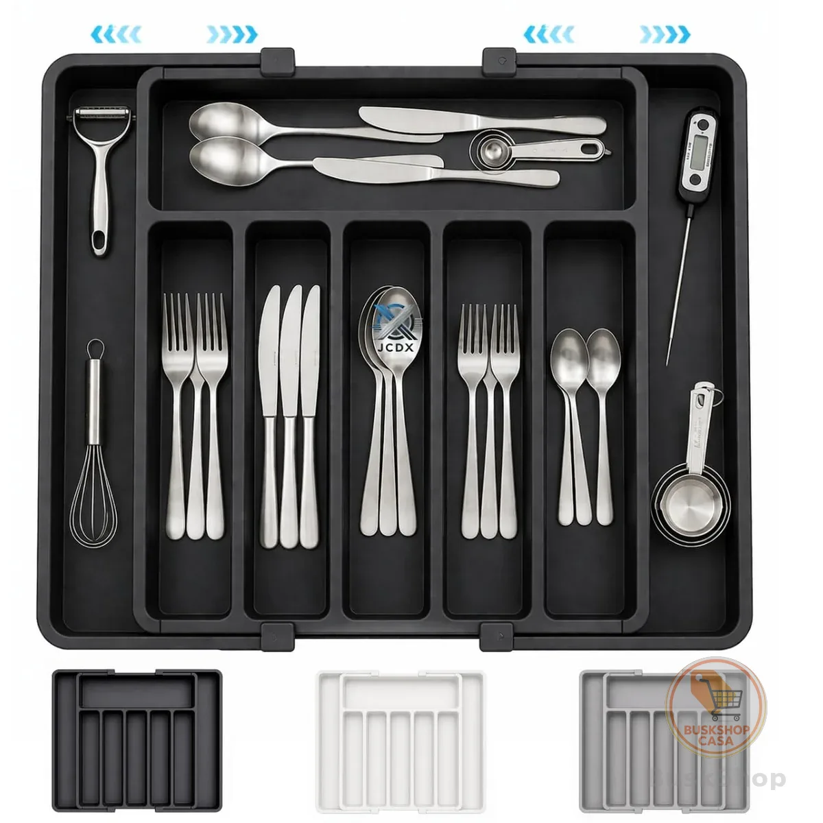 Organizador de Talheres Ajustável Expansível para Gaveta de Cozinha, Porta Talheres com 8 Divisórias, Bandeja Extensível Retrátil para Utensílios Facas e Talheres, Plástico Resistente (Preto)