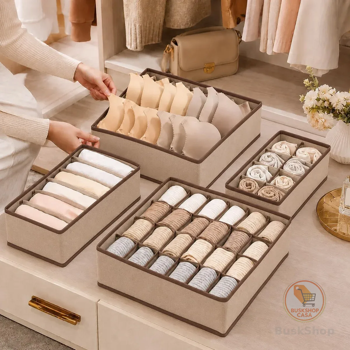 Kit 4 Organizadores Dobrável com Divisória Colmeia para Gaveta de Roupa com 24, 8, 7 e 6 Divisões, Caixas Dobráveis para Roupas Íntimas, Meias e Sutiãs