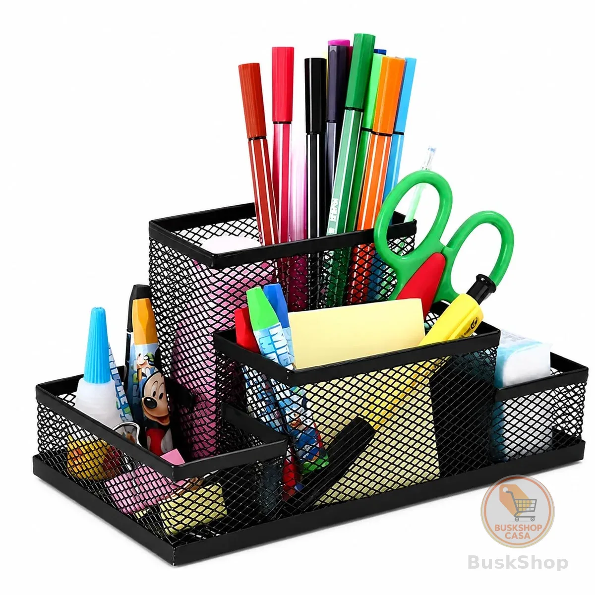 Organizador de Mesa Multifuncional em Metal Preto, Porta Lápis com Divisórias para Canetas, Clips, Bloco de Notas e Acessórios, Ideal para Escritório, Home Office e Estudos