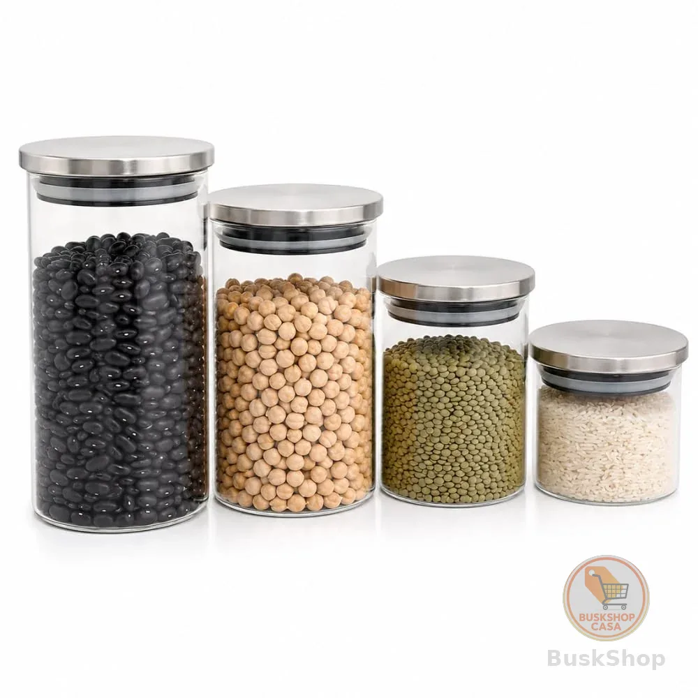 Kit 4 Potes Herméticos Redondo de Vidro Borossilicato com Tampa de Aço Inox Premium