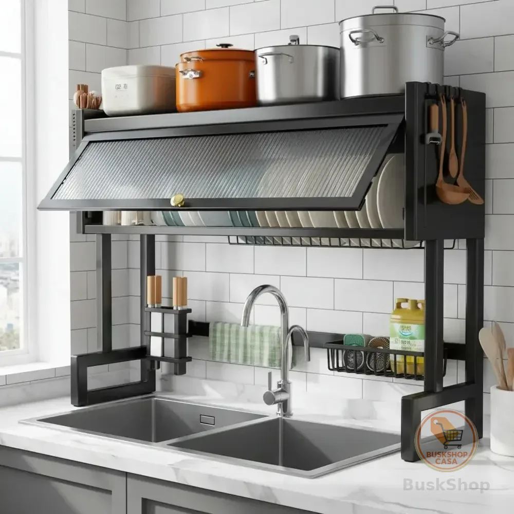 85cm Escorredor De Prato Louça De Cozinha Com Porta Preto