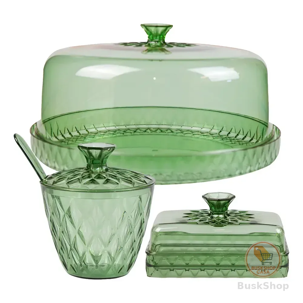 Kit Boleira Borda Alta Com Açucareiro E Manteigueira Com Base Acrílica Esmeralda Verde-escuro