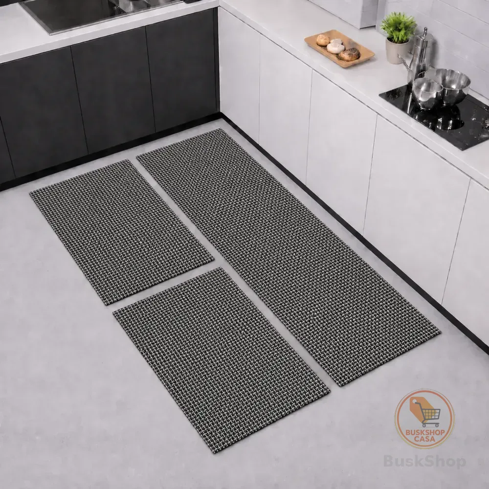 Tapete Kit Cozinha Antiderrapante Passadeira Jogo Lavável 1.4 M 45 Cm Preto - Palha